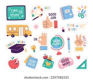 Estudio escolar de moda conjunto diario de pegatinas de rutina con papel educativo, accesorios de aprendizaje, bocadillo de manzana, gesto de la mano del estudiante y la inscripción creativa motivacional ilustración vectorial