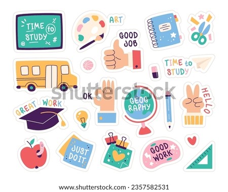 Trendy school study daily routine sticker doodle set with education stationery, learning accessories, apple snack, student hand gesture and motivational creative inscription vector illustration