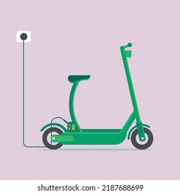 Trendy scooter charging. Electric scooter with sitting sadle and battery charger. Ecological transport. Vector illustration, flat design. Modern transportation