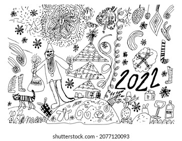 Trendy scribble Christmas funny poster in kids drawing style. Perfect for greeting card, gift package. Marker pen childlike freehand art. Cute hand drawn sketch for celebration of happy new year. 