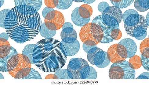 Formas de círculo de garabatos de moda de líneas de diseño vectorial sin fisuras. Papel de escritorio impreso. Burbujas garabateando. Grupo de círculos garabateando. Formas redondeadas de rayado de líneas de garabato que repiten el patrón.