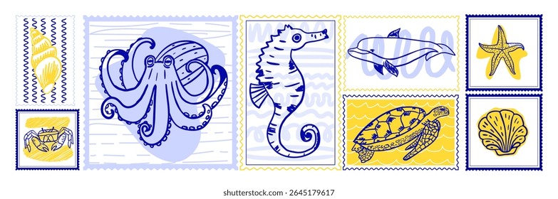 Trendy sea life postage stamp collage. Hand drawn shell, octopus, crab, dolphin, turtle, seahorse and starfish. Graphic elements