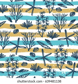 Trendy sea seamless  pattern with hand texture and geometric elements. Vector illustration