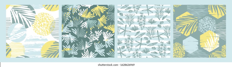 Trendy sea seamless patterns with hand drawn texture. Vector illustration