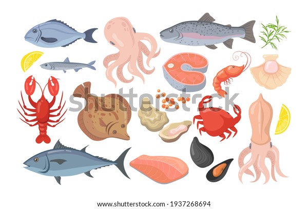 Trendy\
seafood flat pictures collection. Cartoon mussel, fish, shrimp,\
caviar, lobster, crayfish, crab, oyster and tuna isolated vector\
illustrations. Gourmet and nutrition\
concept
