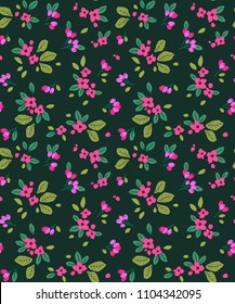 Trendy seamles floral pattern with small flowers. Purple flowers on a dark green background. Leaves and points  are scattered on the surface. A bouquet of spring flowers for fashion prints.