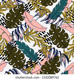 Trendy seamless abstract pattern with bright tropical leaves and plants on a white background. Colorful stylish floral. Trendy summer Hawaii print. Seamless pattern with colorful leaves and plants.