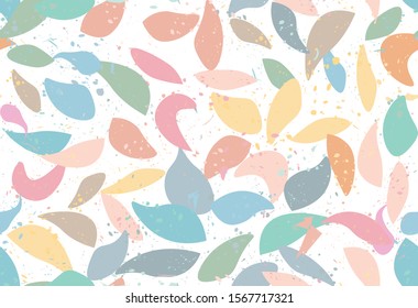 Trendy seamless abstract pattern with geometric objects and drops of paint and leaves on a white background. Bright and warm color palette. Spring Summer Autumn. fashion banners.Vector design. eps 10.