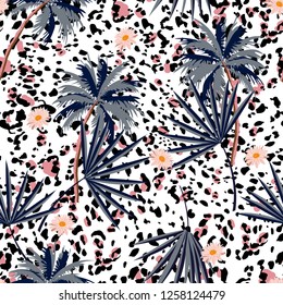 Trendy seamless animal prints pattern with tropical plants and leopard prints. Vector illustration  design for fashion,fabric,paper, wallpaper, cover, and all prints on white background color