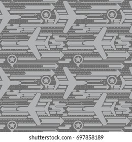 trendy seamless background with planes, arrows and lines, can be used for travels and airports, grey colors,  vector illustration