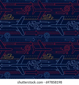trendy seamless background with planes, arrows and lines, can be used for travels and airports, vector illustration