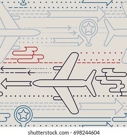 trendy seamless background with planes, arrows and lines, can be used for travels and airports, vector illustration