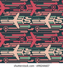 trendy seamless background with planes, arrows and lines, can be used for travels and airports, vector illustration