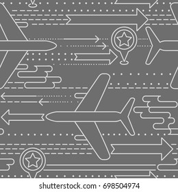 trendy seamless background with planes, arrows and lines, can be used for travels and airports, grey colors, vector illustration