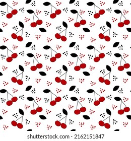 Un fondo moderno y a la perfección, con cerezas rojas de fondo blanco. Diseño fresco y elegante para tela, papel de envoltura, empaque, ropa, textil. Ilustración del vector