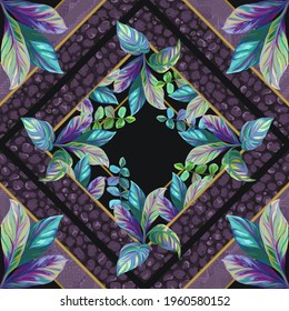 Trendy seamless background with tropical leaves, leopard and python pattern
