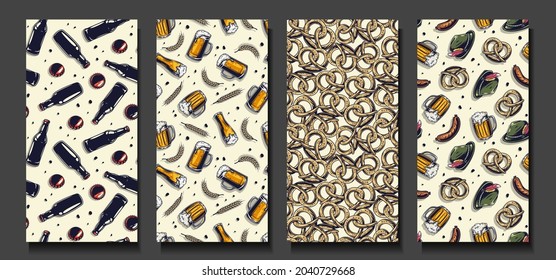 Trendy seamless beer patterns. Set of brewing backgrounds for oktoberfest. Endless texture with pretzels and hop for wallpaper