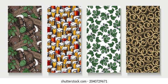 Trendy nahtlose Biermuster. Set von Brauhintergründen für Oktoberfest. endlose Textur mit Hopfen und Fass für Tapeten