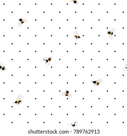 Trendy seamless bees pattern on polka dots background. 