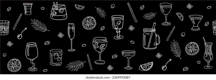 Trendy seamless border with acoholic and non-acoholic cocktail, lemon slices, mint, ice cubes. Great for decoration interior, print posters, banner, menu design, packaging. Isolated on black. Doodles