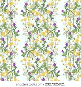 Trendy seamless botanical meadow flowers print. Floral seamless ornament of grass meadows. Botanical  Aerial flora pattern with meadow herbs and medium-sized flowers, thin stems, graceful fragile
