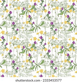 Trendy seamless botanical meadow flowers print. Floral seamless ornament of grass meadows. Botanical  Aerial flora pattern with meadow herbs and medium-sized flowers, thin stems, graceful fragile