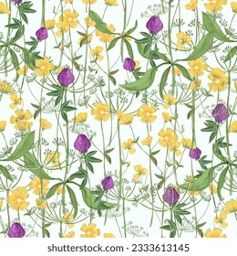 Trendy seamless botanical meadow flowers print. Floral seamless ornament of grass meadows. Botanical  Aerial flora pattern with meadow herbs and medium-sized flowers, thin stems, graceful fragile