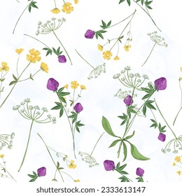 Trendy seamless botanical meadow flowers print. Floral seamless ornament of grass meadows. Botanical  Aerial flora pattern with meadow herbs and medium-sized flowers, thin stems, graceful fragile