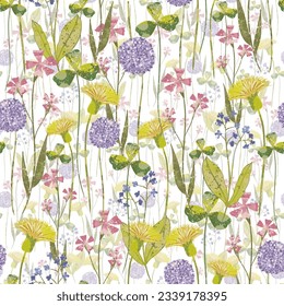 Trendy seamless botanical meadow flowers print. Floral seamless ornament of grass meadows. Botanical  Aerial flora pattern with meadow herbs and medium-sized flowers, thin stems, graceful fragile
