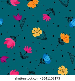 trendy seamless botanical pattern – abstract flower illustration with black line leaves and bright petals on emerald – minimalist spring summer vibe