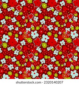 Patrones textiles botánicos modernos y sin fisuras con flores rojas pequeñas, estampado de tela floral, estilo ditsy, dibujado a mano, vector, Moda floral