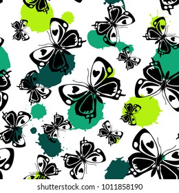 Trendy seamless butterfly cloth template with green and jade blotter on white. Flying butterfly linen theme vector. Repeating insect fabric artwork for textile.