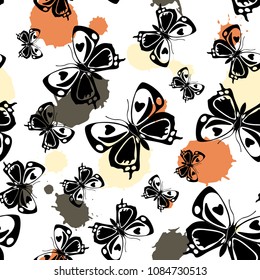 Trendy seamless butterfly cloth texture with blotter on white. Season butterfly linen theme vector. Repeating insect fabric artwork for interior textile.