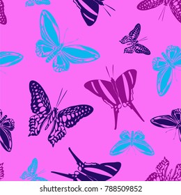 Trendy seamless butterfly engraving pattern isolated on contrast back layer. Season butterfly etching theme vector. Insect silhouette artwork for wallpaper.