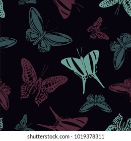 Trendy seamless butterfly engraving template isolated on contrast back layer. Flying butterfly etching theme vector. Insect silhouette clipart for interior textile.
