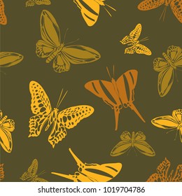 Trendy seamless butterfly engraving template isolated on contrast back layer. Spring butterfly etching theme vector. Insect silhouette backdrop for wrapping paper.