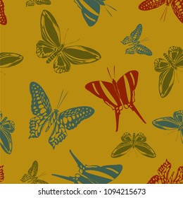Trendy seamless butterfly engraving texture isolated on contrast back layer. Spring butterfly etching theme vector. Insect silhouette artwork for marketing purpouses.
