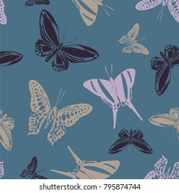 Trendy seamless butterfly engraving texture isolated on contrast back layer. Flying butterfly etching theme vector. Insect silhouette clipart for advert.
