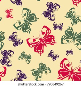 Trendy seamless butterfly iterative pattern isolated on contrast back layer. Wildlife butterfly repeat theme vector. Wildlife insect fauna clipart for cover.