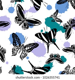 Trendy seamless butterfly kite background with cyan, pale blue and purple or violet blotters on white. Season butterfly hover theme vector. Repeating insect soar clipart for marketing purpouses.