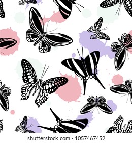 Trendy seamless butterfly kite pattern with pale violet, green and red blotters on white. Spring butterfly hover theme vector. Repeating insect soar clipart for advert.