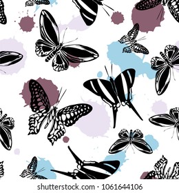 Trendy seamless butterfly kite template with blue, grey and purple blotter on white. Spring butterfly hover theme vector. Repeating insect soar clipart for advert.