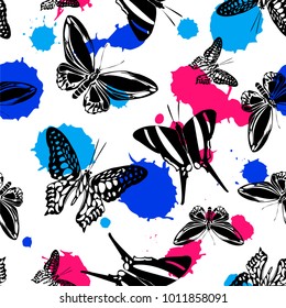 Trendy seamless butterfly kite texture with blue, cyan and bright pink blotters on white. Spring butterfly hover theme vector. Repeating insect soar artwork for advert.