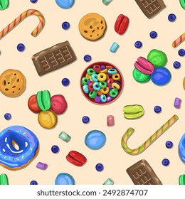 Trendy seamless candy and sweets pattern, colorful donuts, chocolate bars, macarons, cookies, and candy canes. Perfect for confectionery packaging, bakery designs, illustration isolated on background