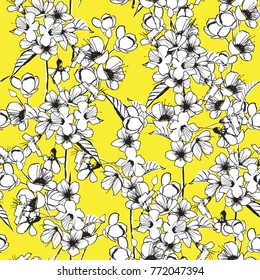 Trendy seamless cherry blossom outline monotone flowers with vivid yellow background for fashion prints or every prints