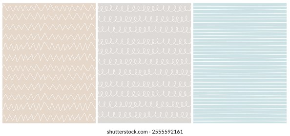 Trendy Seamless Childish Vector Patterns. Abstract Doodle Print. White Hand Drawn Lines, Waves and Zig Zags Isolated on a Beige, Gray and Pastel Blue Background. Simple Irregular Geometric Pattern.RGB