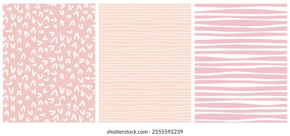 Trendy Seamless Childlike Vector Patterns. Abstract Doodle Print. White Hand Drawn Arcs and Stripes on a Coral and Pastel Pink Background. Irregular Geometric Pattern. Girly Childish Print. RGB.