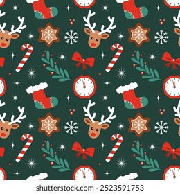 Trendy Seamless Christmas pattern, reindeer, candy canes, stockings, gingerbread cookies, snowflakes, red, green, white colors. Isolated on green background, gift wrap textiles decorations