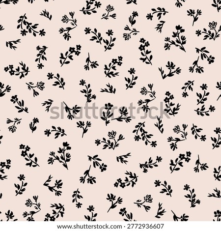 Trendy seamless ditsy floral pattern with small hand-drawn black botanical flowers scattered on a soft beige neutral background. This minimalist, Scandinavian-inspired design features delicate ink-style elements, perfect for modern textiles, fabric prints, wallpapers, packaging, and branding. A versatile and timeless pattern ideal for feminine, elegant, and contemporary surface design projects.