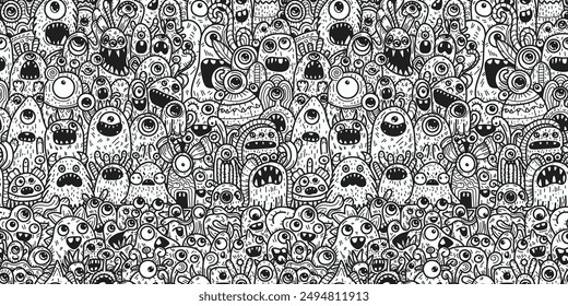 Moda sin costura Doodle Monster Patrón, Arte vectorial de dibujos animados negro, aislado sobre fondo blanco. Colección de monstruos dibujados a mano para fondos, Fondos de pantalla, textiles, impresiones digitales